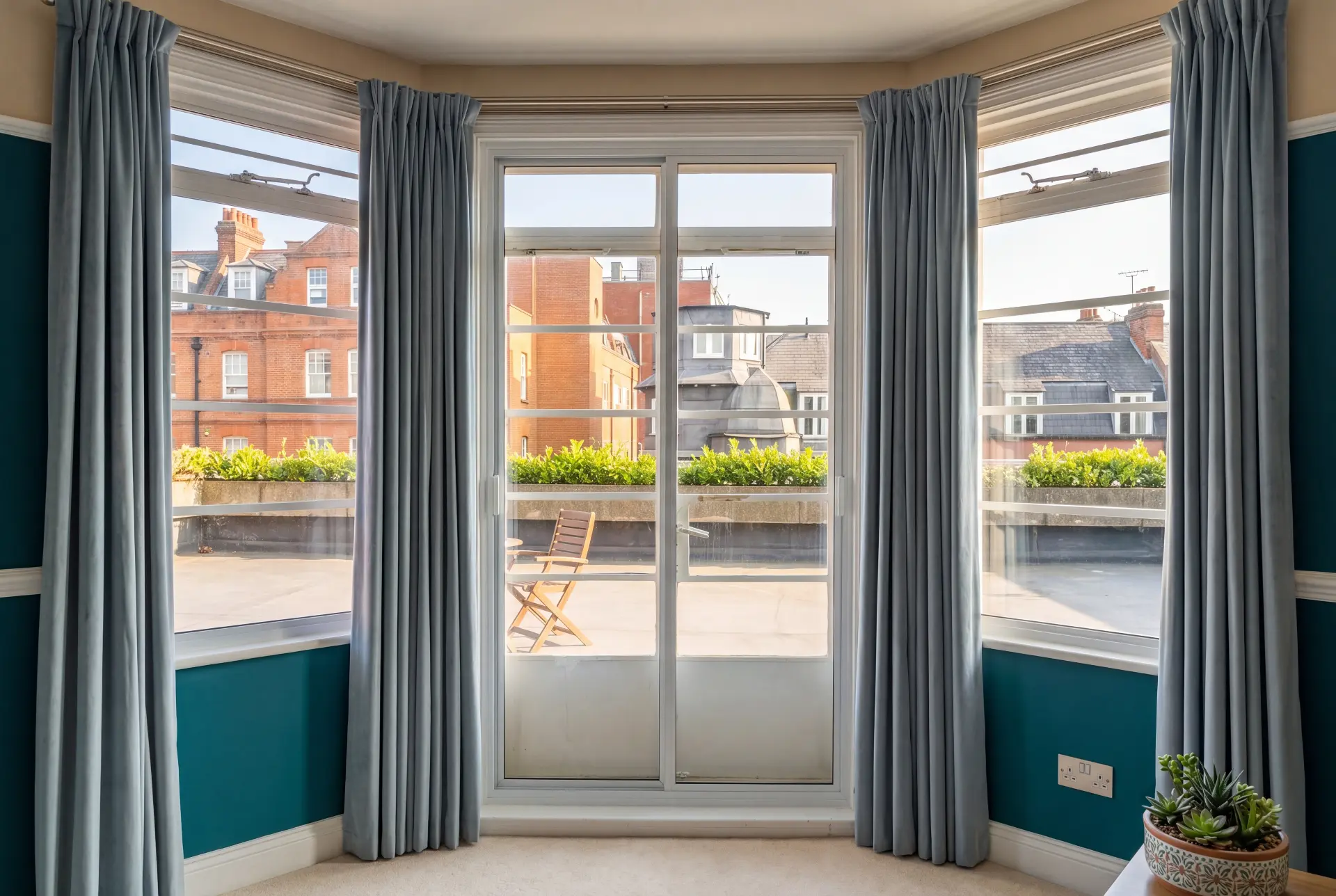 Terrace door in curved bay — secondary glazing in Kensington, London Curved bay with secondary glazing and a terrace door set behind blue curtains overlooking London rooftops