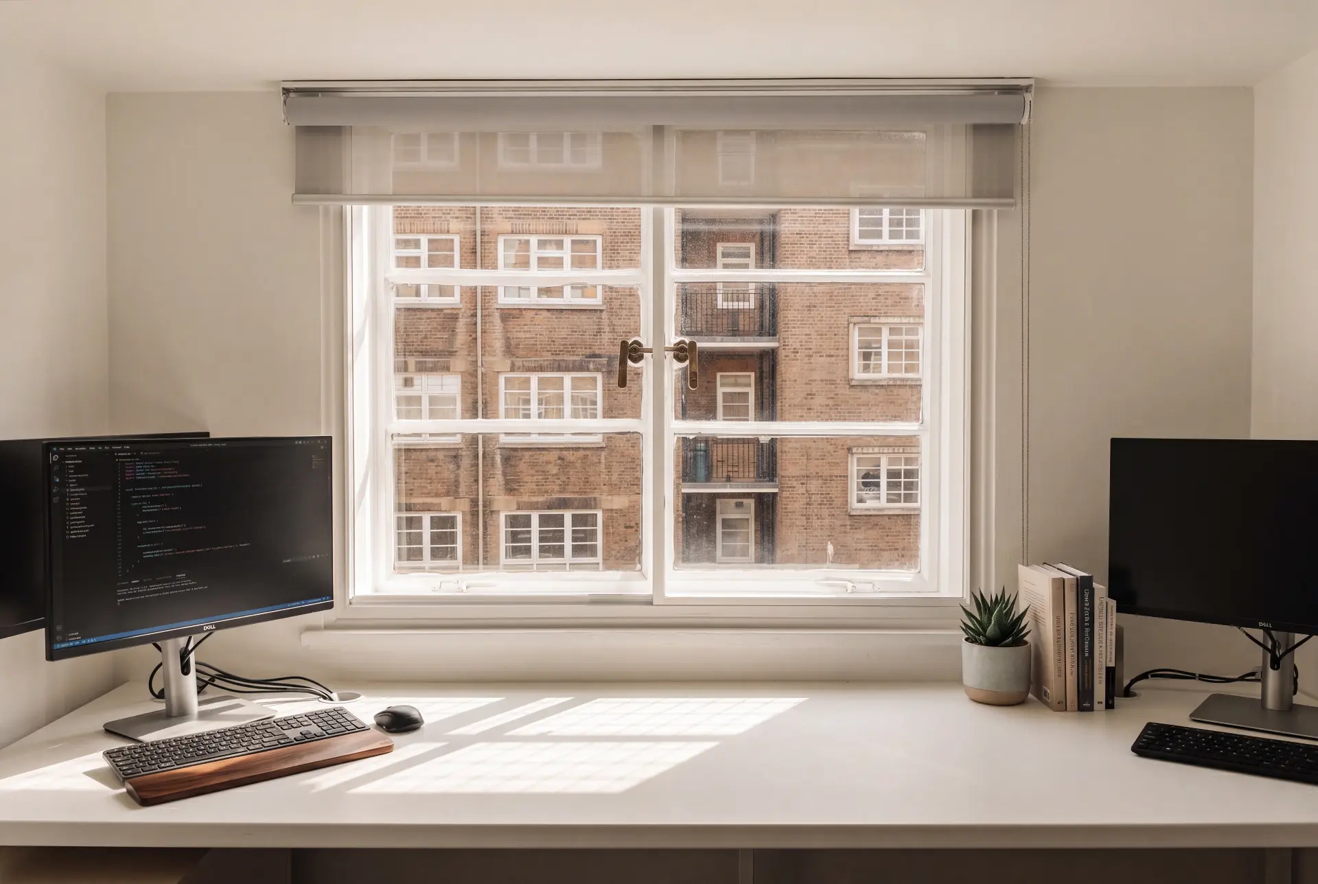 Home office quiet zone — secondary glazing in Pimlico, London Home office desk in front of a secondary glazed window facing a brick mansion block lightwell