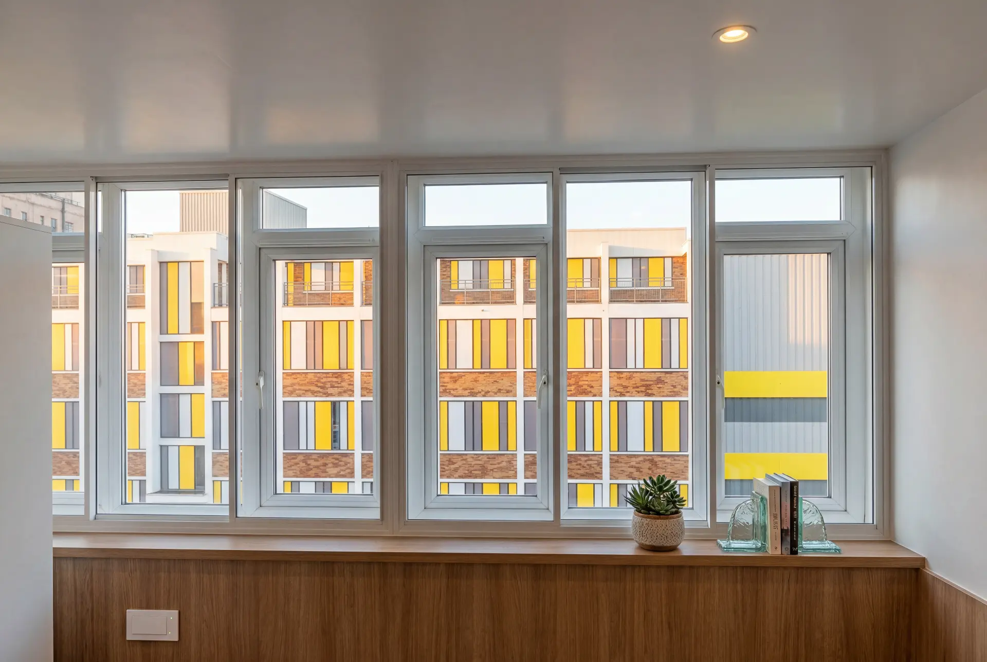 Full-width window run — secondary glazing in Shoreditch, London Run of five secondary glazing panels across a full-width city apartment window with timber sill