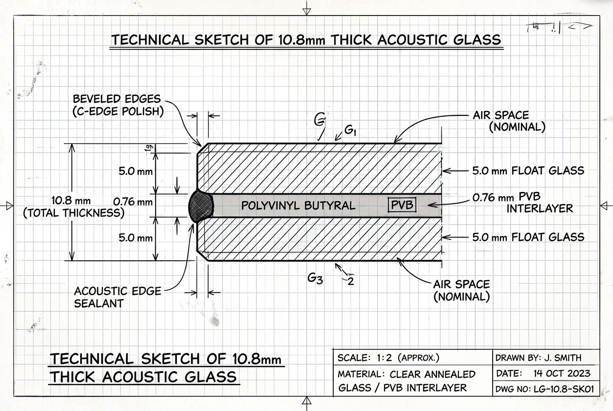 Cross-section of 10.8mm acoustic laminate glass showing the noise-dampening interlayer