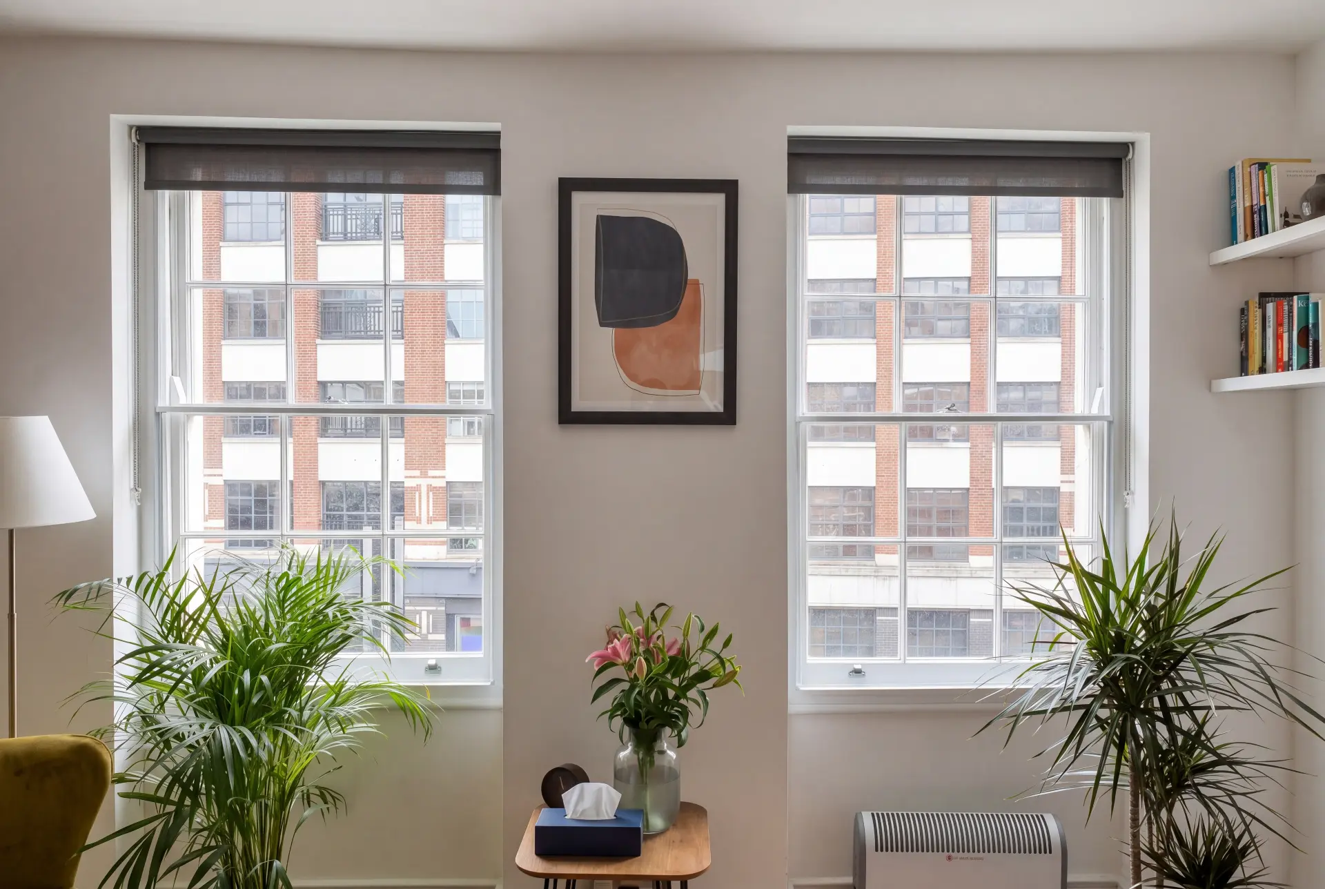 Georgian bar city pair — secondary glazing in Clerkenwell, London Two Georgian bar secondary glazed sash windows facing a red brick mansion block