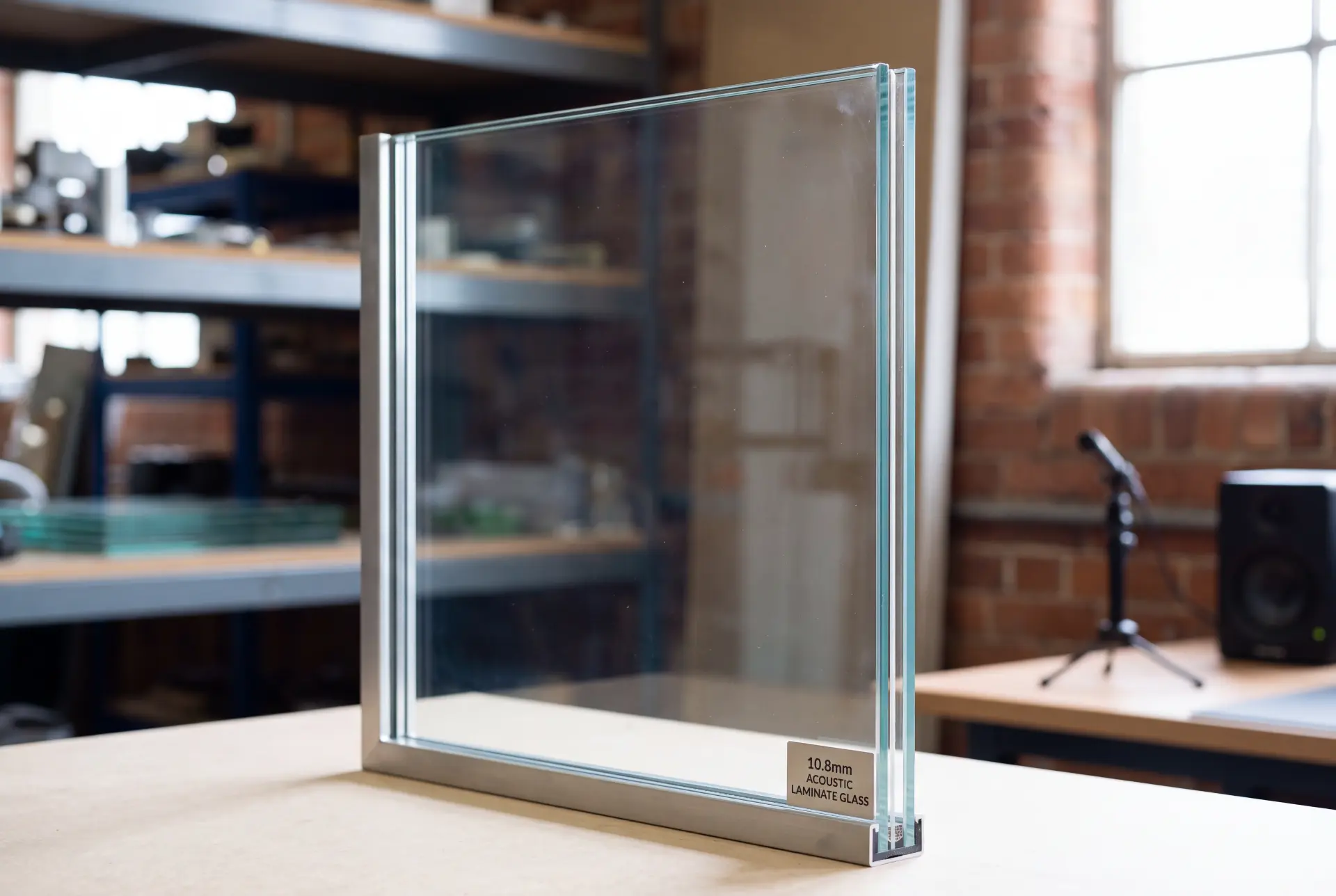 Cross-section of 10.8mm Stadip Silence acoustic laminated glass showing the acoustic PVB interlayer and air gap