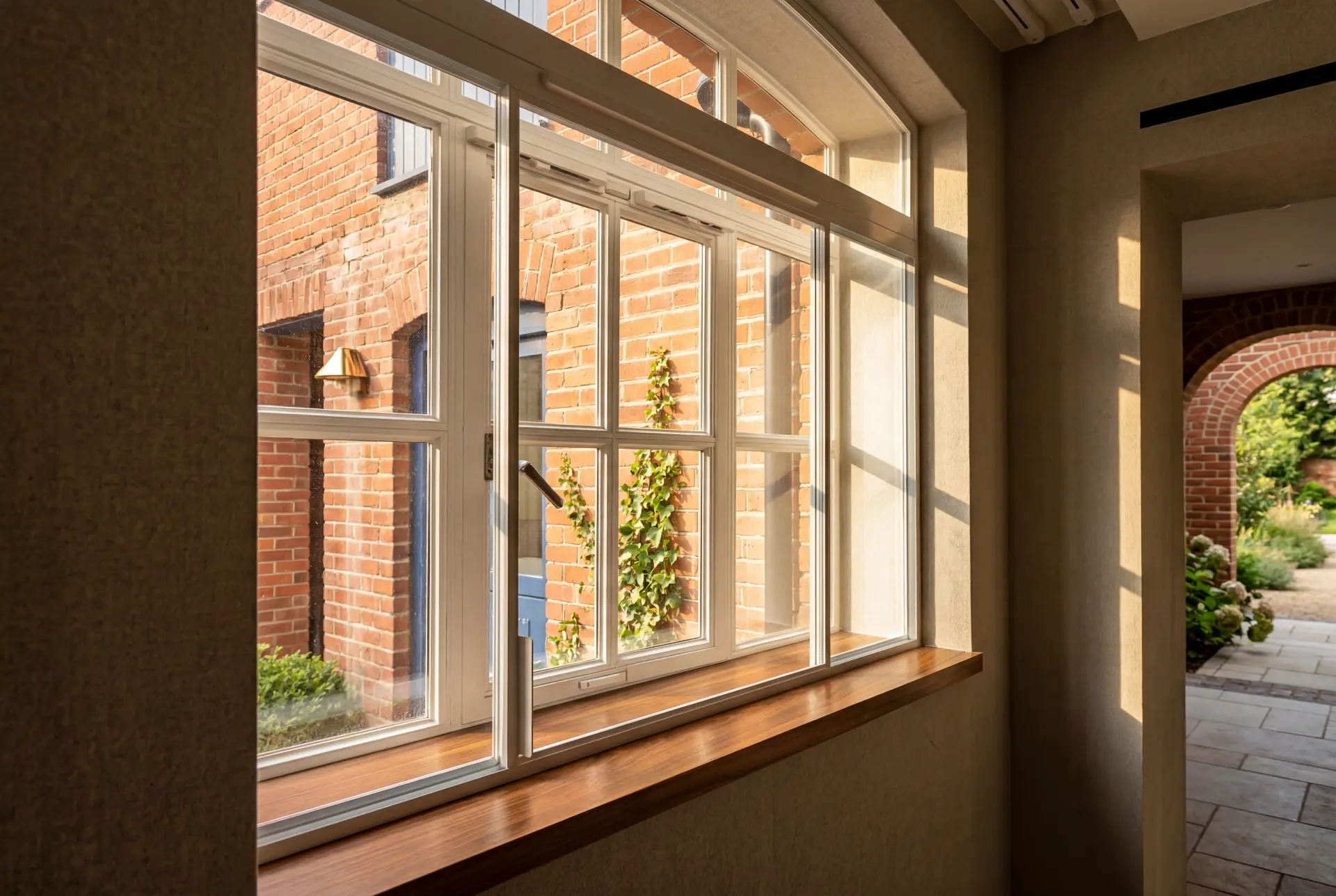 Courtyard arched toplight — secondary glazing in Hampstead, London Secondary glazing over a casement window with arched toplight and deep timber sill