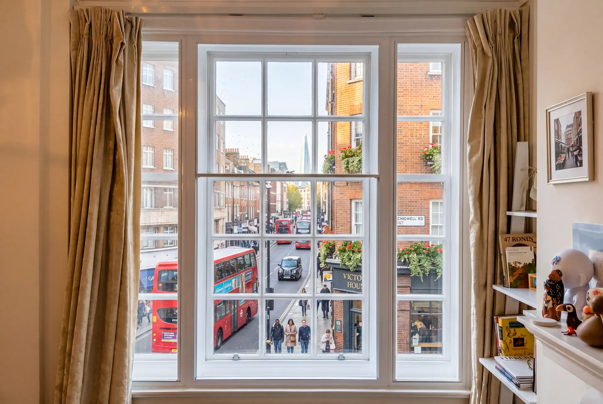 Bus route sash — secondary glazing in Borough, London Large Georgian bar sash window with secondary glazing overlooking a busy London bus route