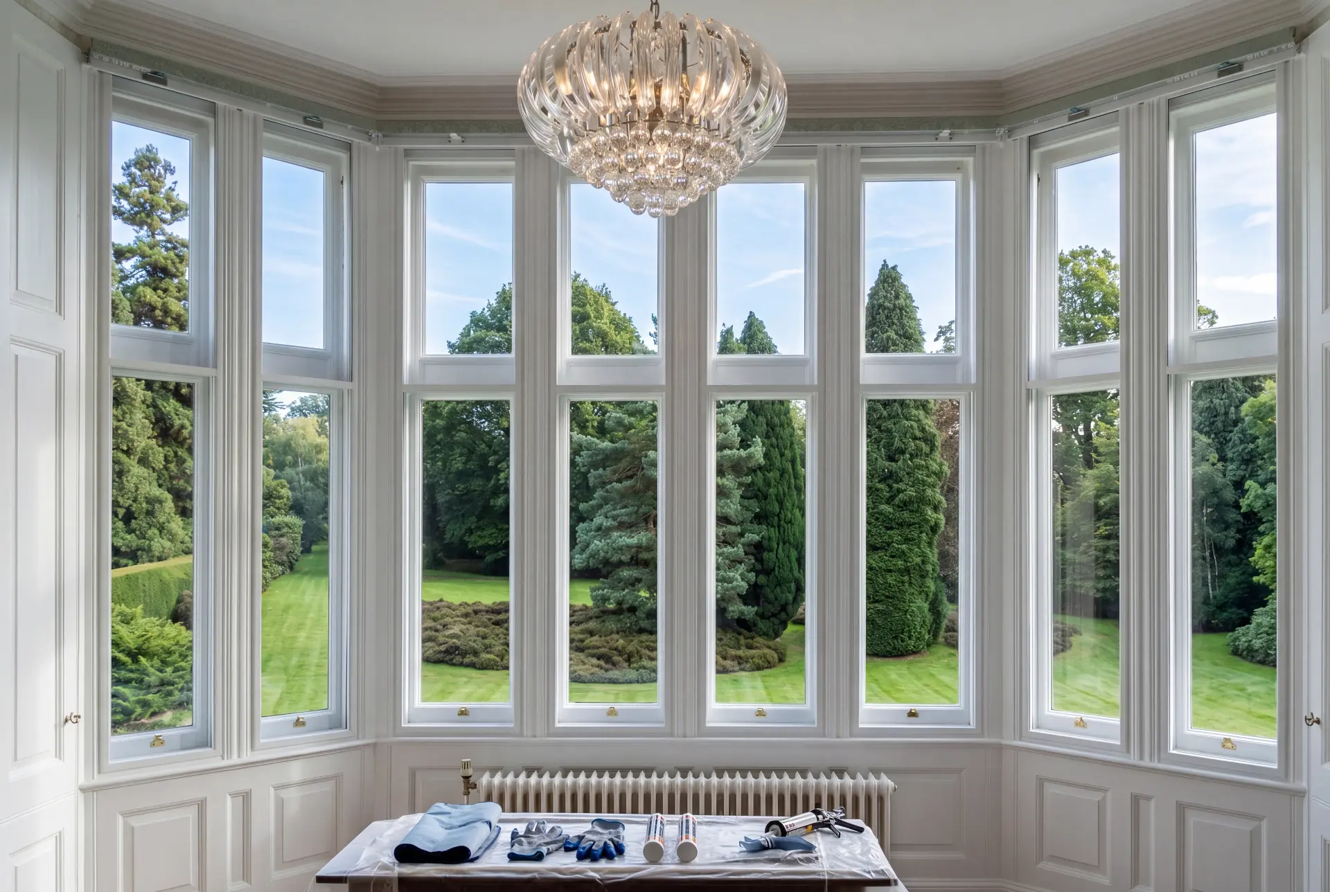 Panelled garden bay — secondary glazing in Hampstead, London Grand panelled bay window with secondary glazing overlooking landscaped gardens