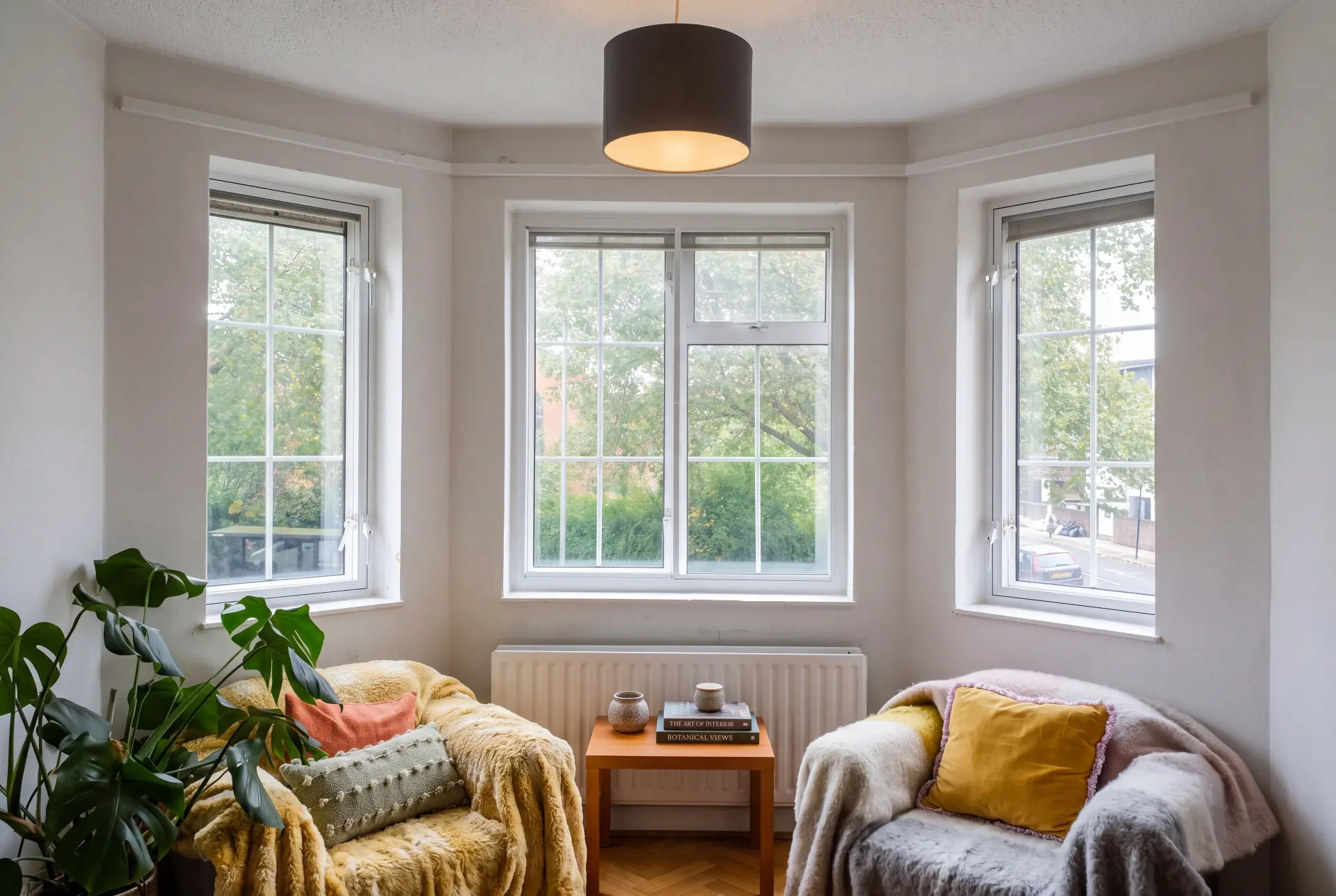 Square bay sitting room — secondary glazing in Ealing, London Square bay window in a sitting room fitted with hinged secondary glazing over Georgian bar sashes
