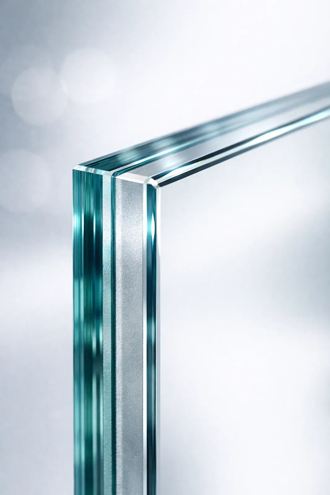 Close-up of 10.8mm acoustic laminate glass showing the sound-dampening interlayer for soundproofing
