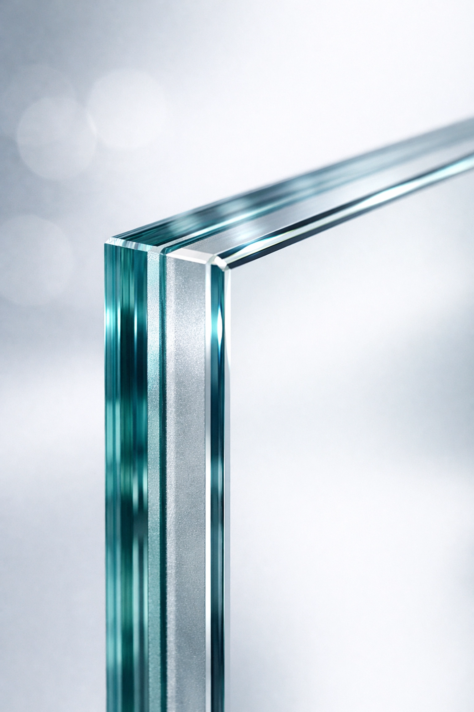 Close-up of 10.8mm acoustic laminate glass showing the sound-dampening interlayer for soundproofing