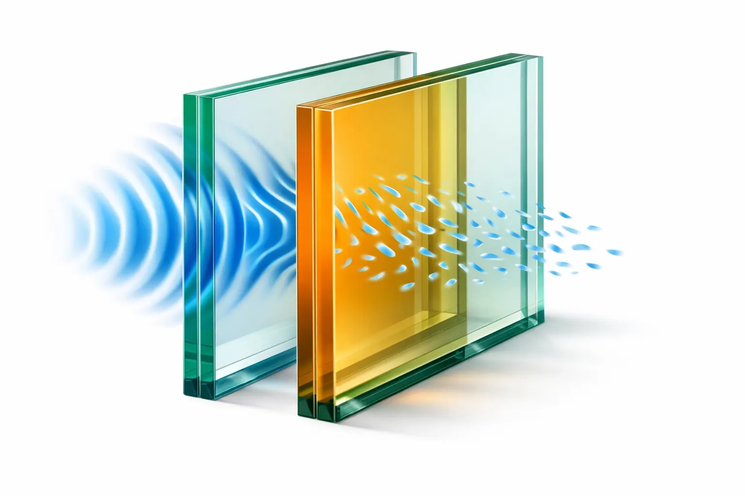 Cross-section of 10.8mm acoustic laminate glass showing sound wave disruption layers
