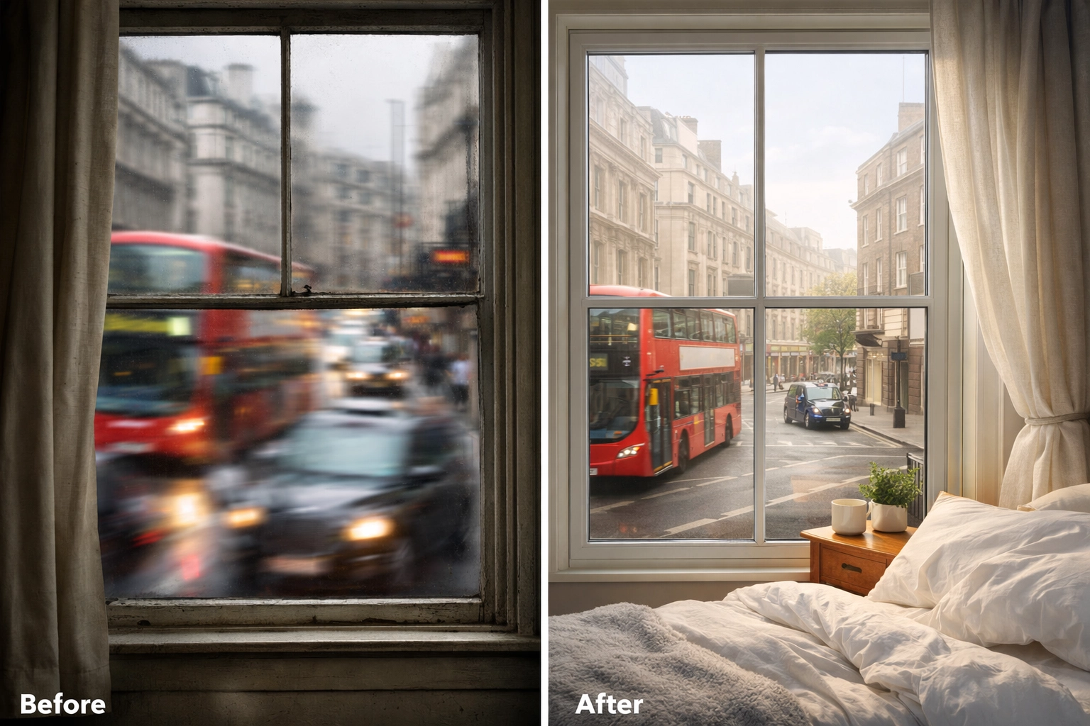 Before and after: London traffic noise vs peaceful bedroom with soundproof secondary glazing