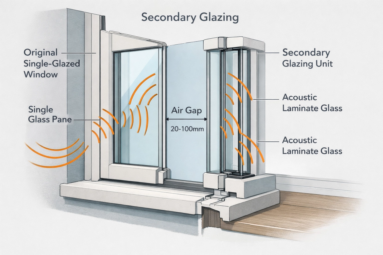 Secondary glazing cross-section showing acoustic air gap and noise reduction technology