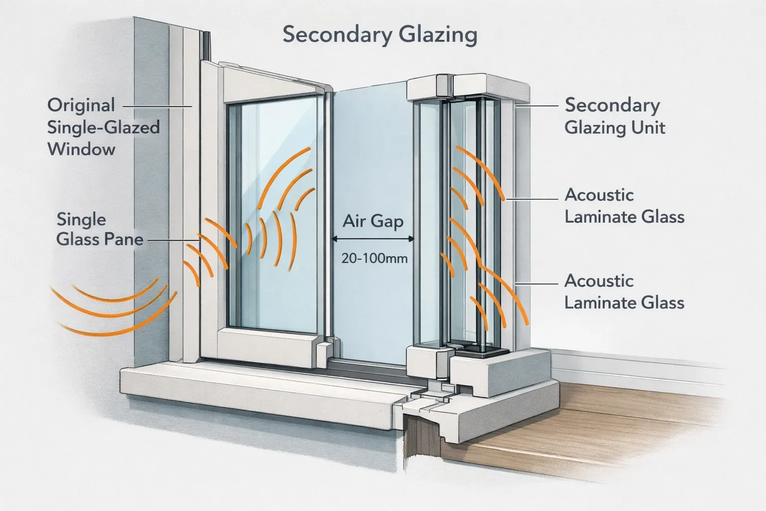 Secondary glazing cross-section showing acoustic air gap and noise reduction technology