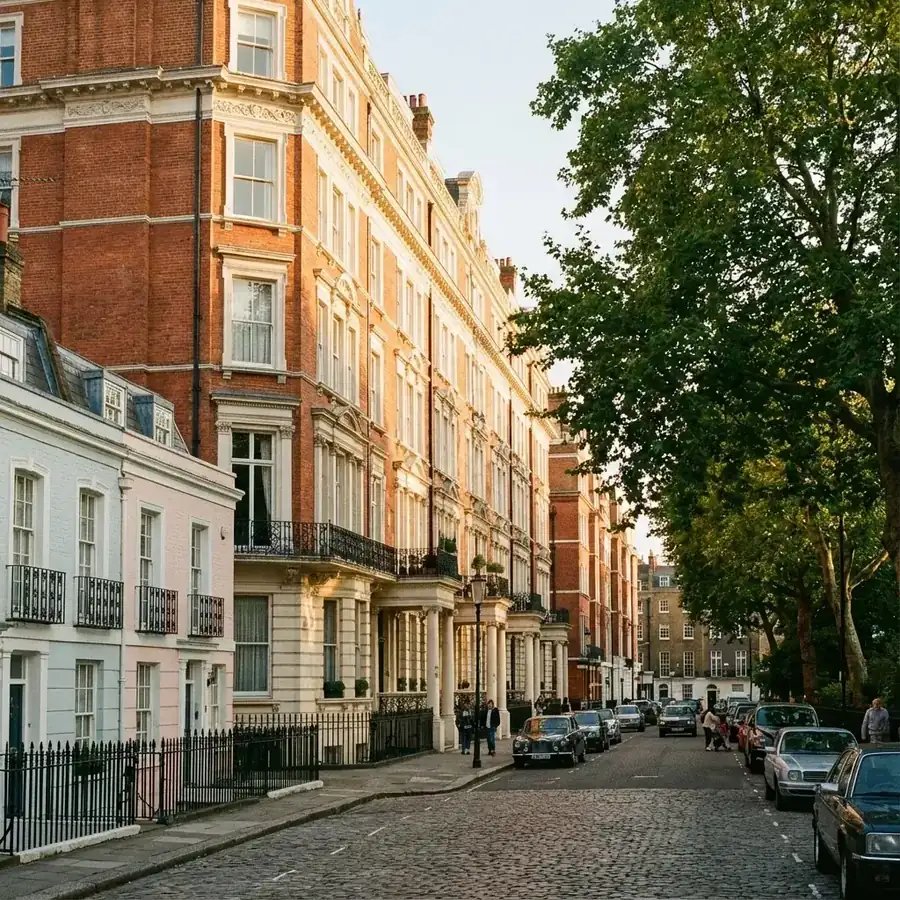 Victorian and Georgian architectural details in Kensington and Chelsea, featuring stuccoed facades and period sash windows