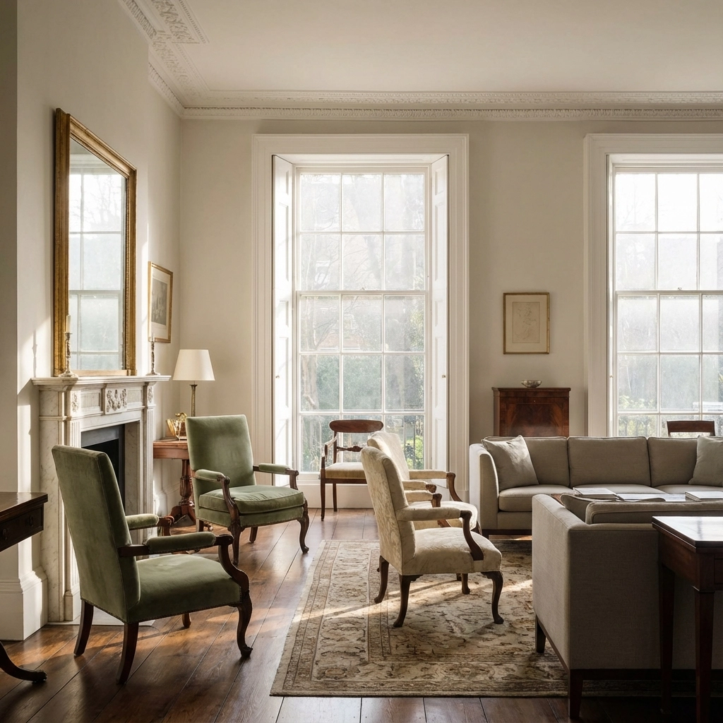 Period property interior in Kensington showing original sash windows and high ceilings