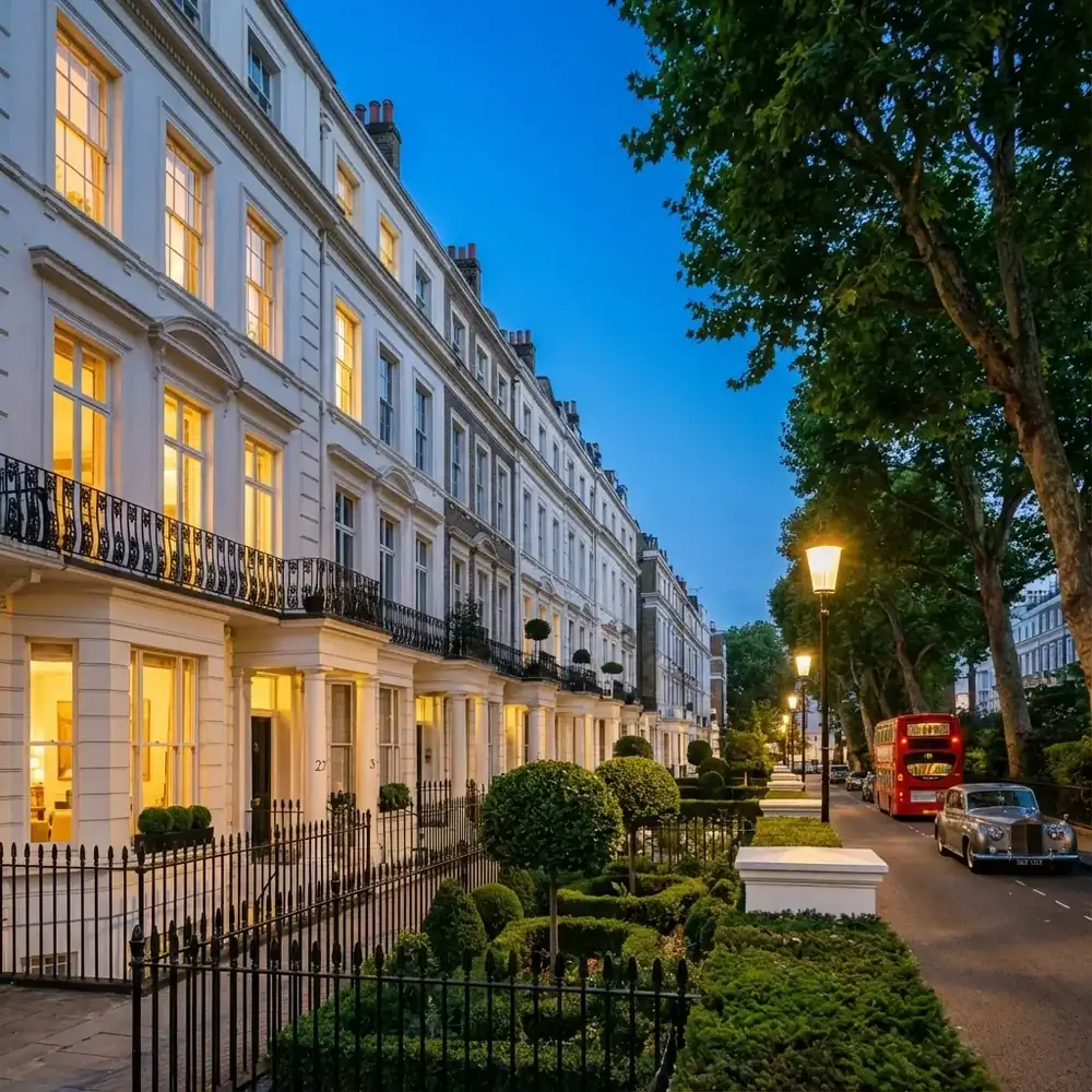 Kensington and Chelsea residential street showing preserved Victorian architecture and tree-lined pavements