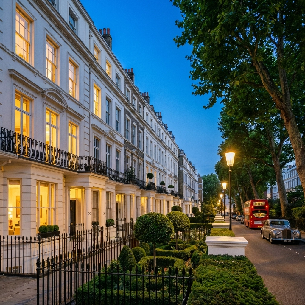 Kensington and Chelsea residential street showing preserved Victorian architecture and tree-lined pavements