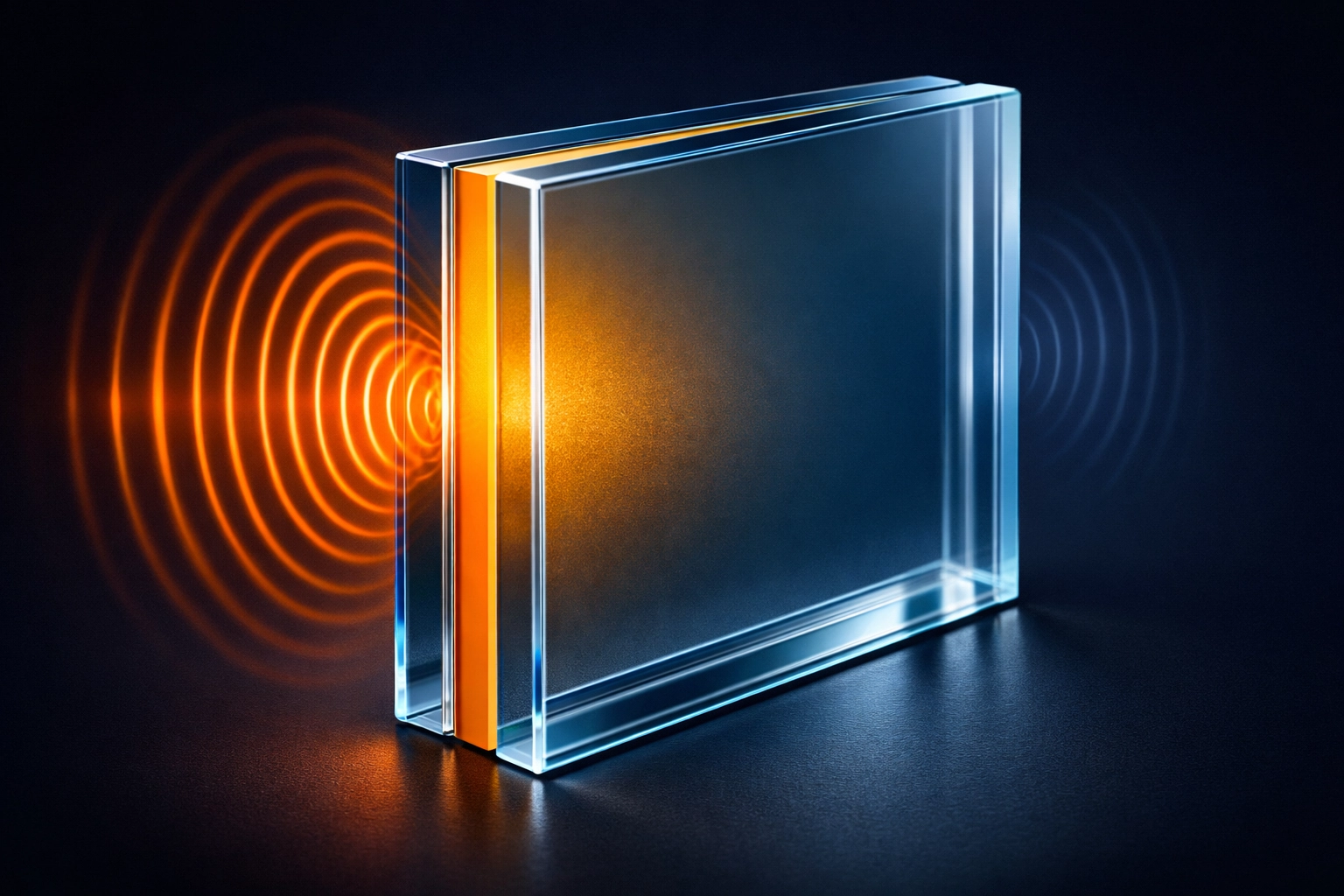 10.8mm laminated acoustic glass cross-section showing PVB layer blocking sound waves