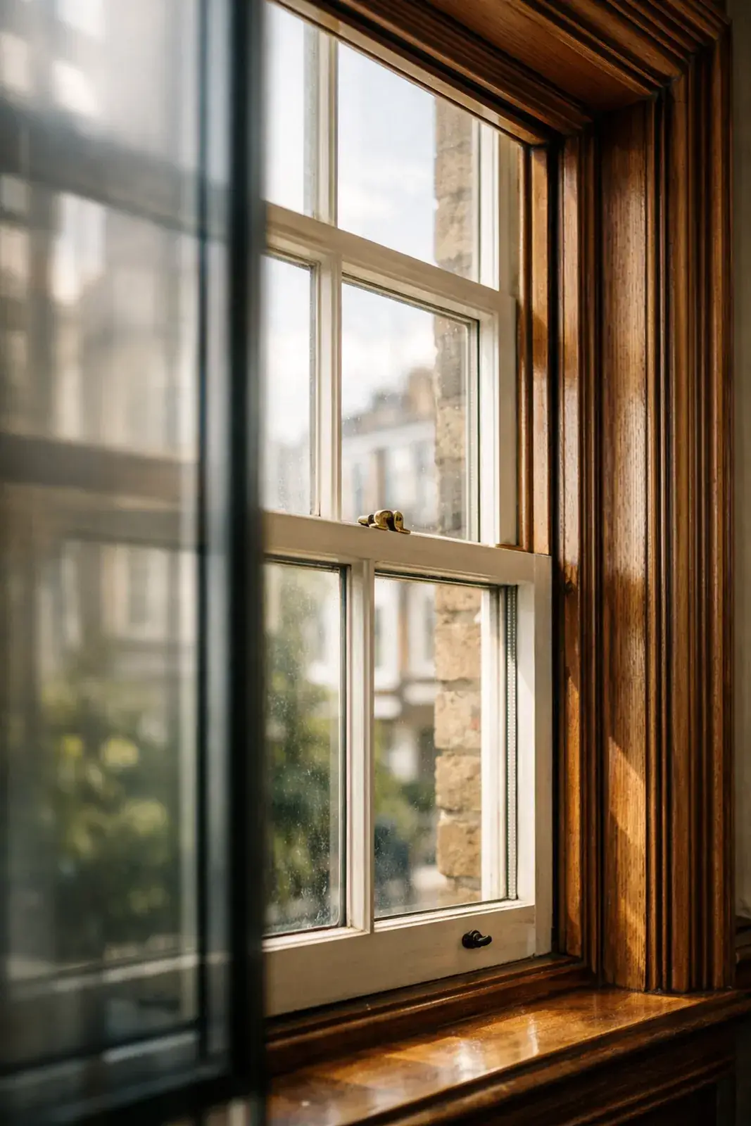 Slimline aluminium secondary glazing fitted inside a Victorian sash window in London, preserving the original frame while blocking traffic noise