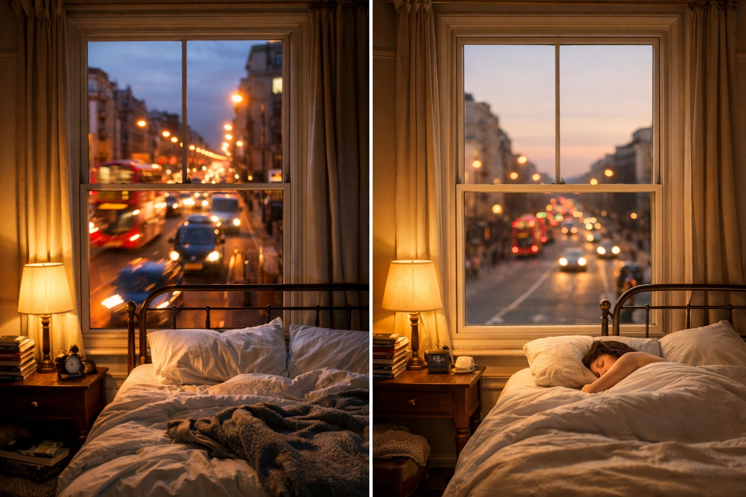 Before and after comparison: London bedroom with secondary glazing blocking traffic noise